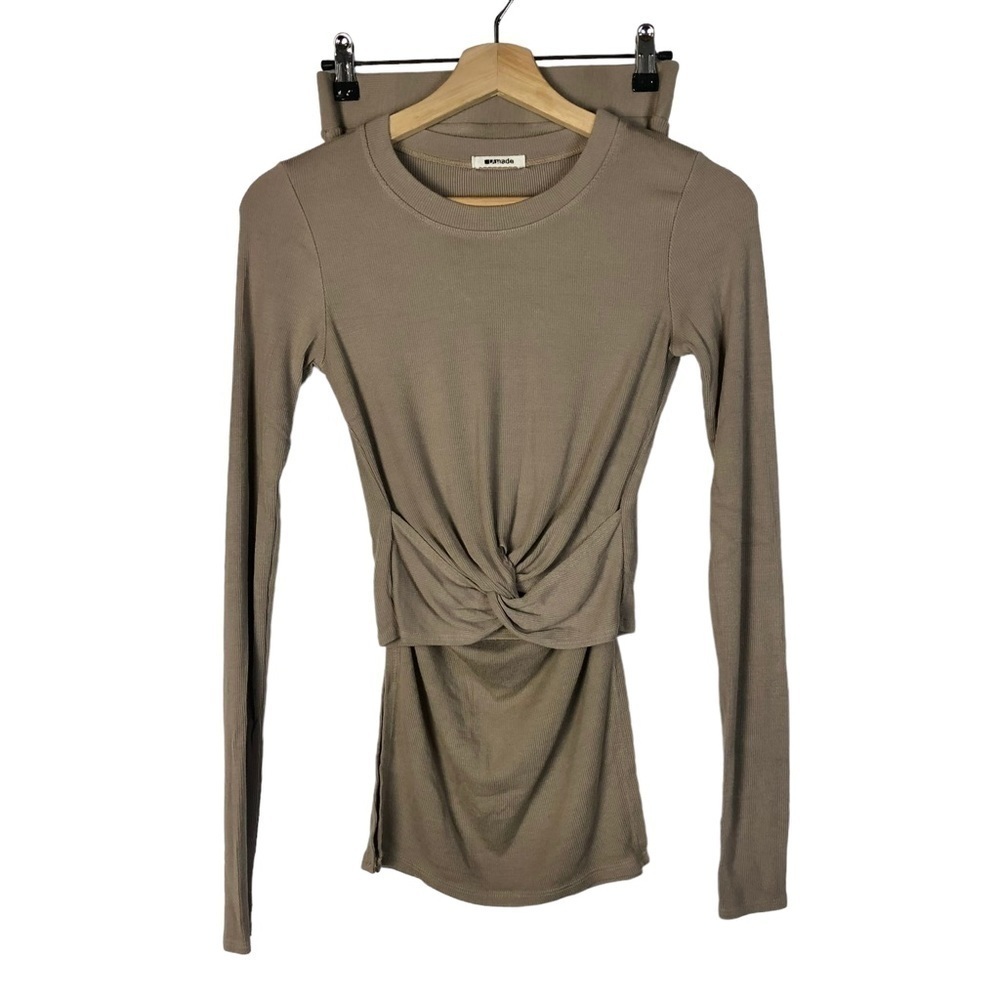 LAMade Brown Ribbed Long Sleeve Midi Skirt Two Piece Set XS
